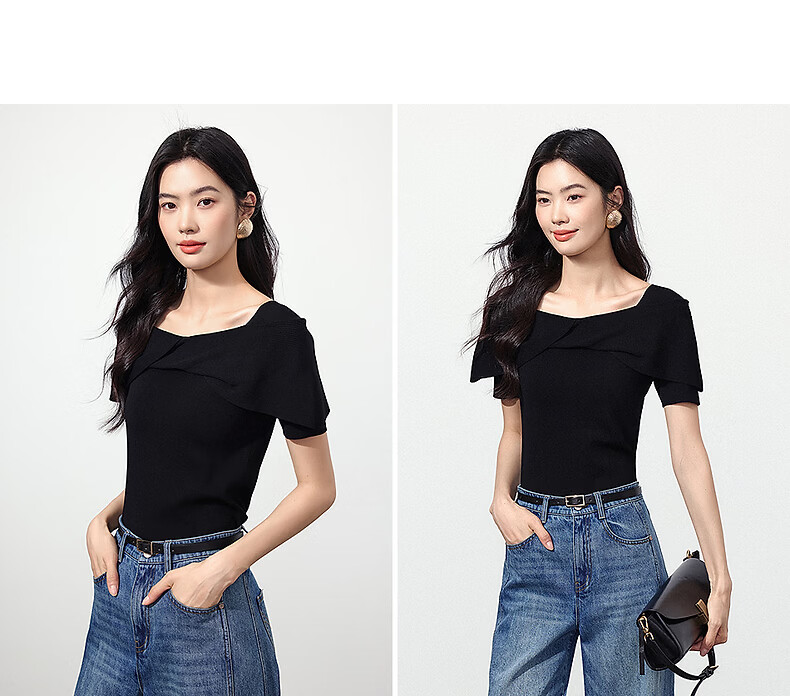 Yixiang Liying Black Off-Shoulder Knit Top Women New Short Sleeve Square Neck Blouse Lanye Black 160/84A/M 11