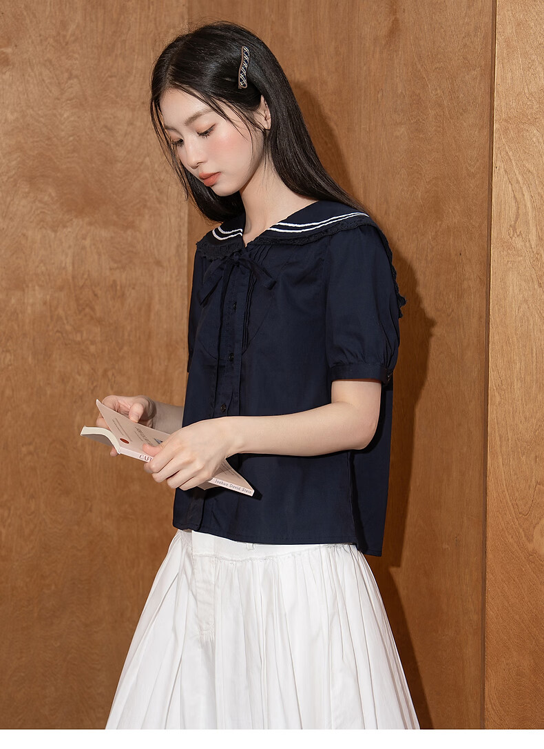 TonLion 2026 Summer Women's Short Sleeve Shirt College Style Youthful Simple Design Navy Collar Short Sleeve Shirt 17