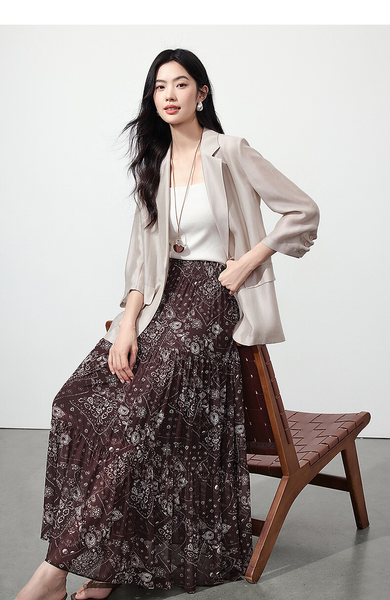 Yixiang Liying Coffee Color Floral Print Women's Skirt 2026 Summer Vacation Style Mesh A-line Skirt Vintage Coffee 155/58A/S 21