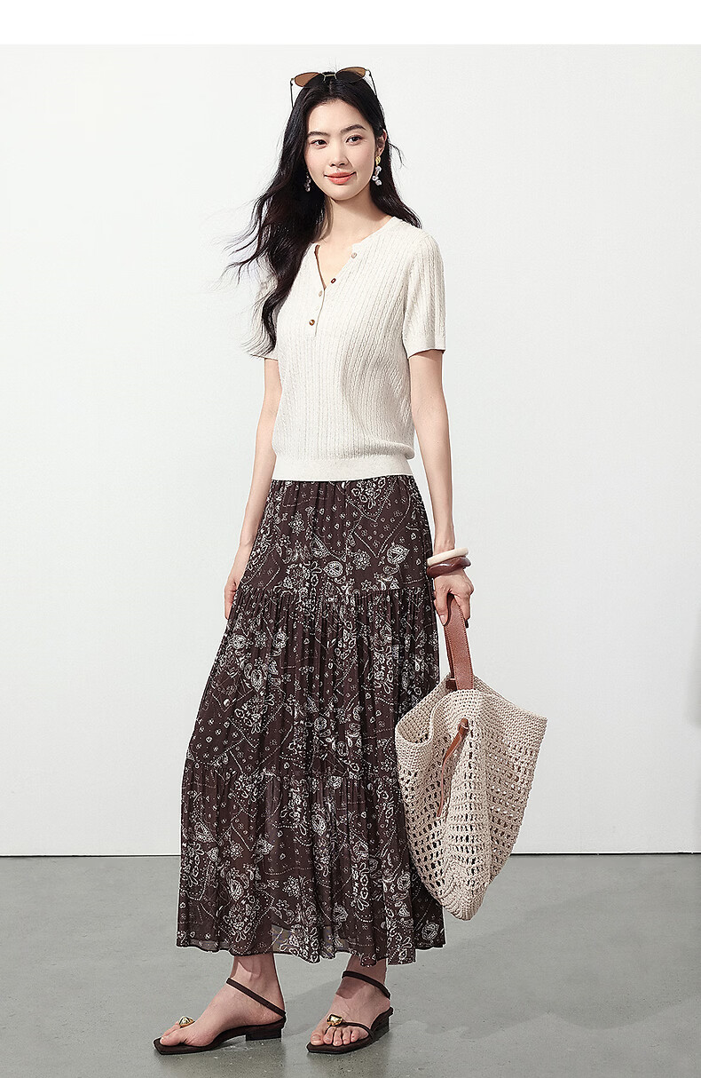 Yixiang Liying Coffee Color Floral Print Women's Skirt 2026 Summer Vacation Style Mesh A-line Skirt Vintage Coffee 155/58A/S 30