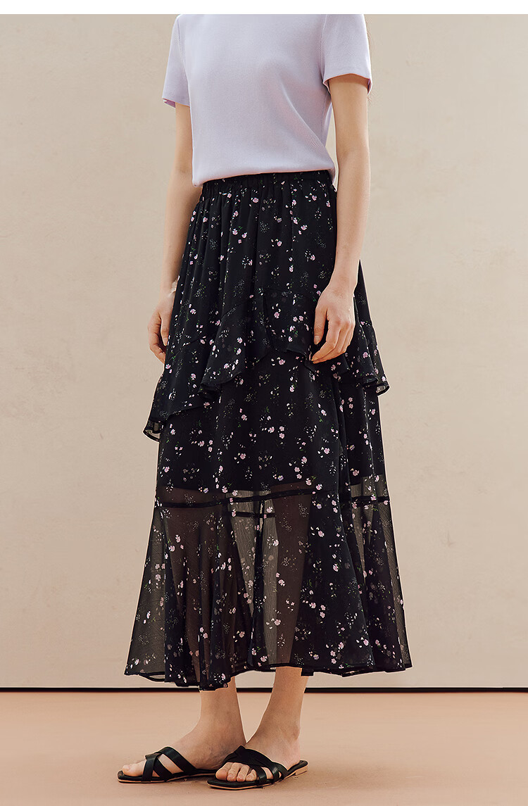 INMAN Ruffled Patchwork Floral Midi Skirt 26 Summer Women's New Elastic Waist Irregular Long Skirt Black M 14