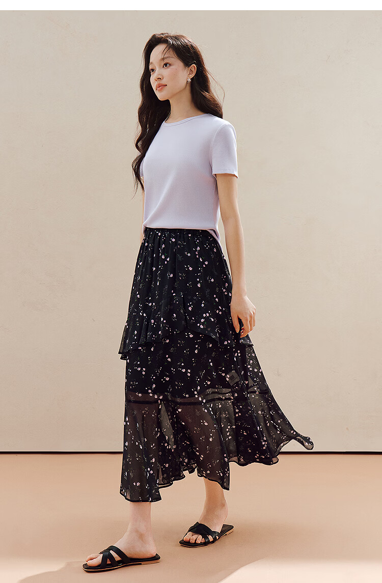 INMAN Ruffled Patchwork Floral Midi Skirt 26 Summer Women's New Elastic Waist Irregular Long Skirt Black M 16