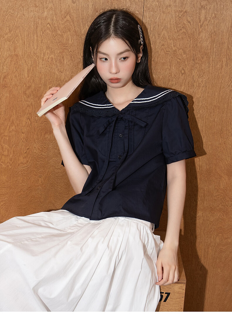 TonLion 2026 Summer Women's Short Sleeve Shirt College Style Youthful Simple Design Navy Collar Short Sleeve Shirt 16