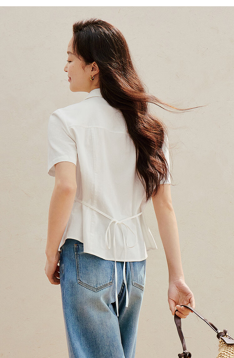 INMAN 100% Xinjiang Cotton Simple Tie-Waist Short Sleeve Shirt 2026 Summer New Embroidered Top White S 22
