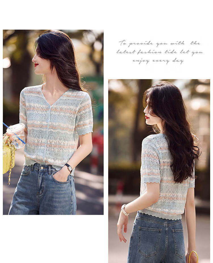 Awakening Paradise 26 Spring Summer Colorblock Versatile Petite Top Elegant Striped Short Sleeve Knit Cardigan Blue One Size 13