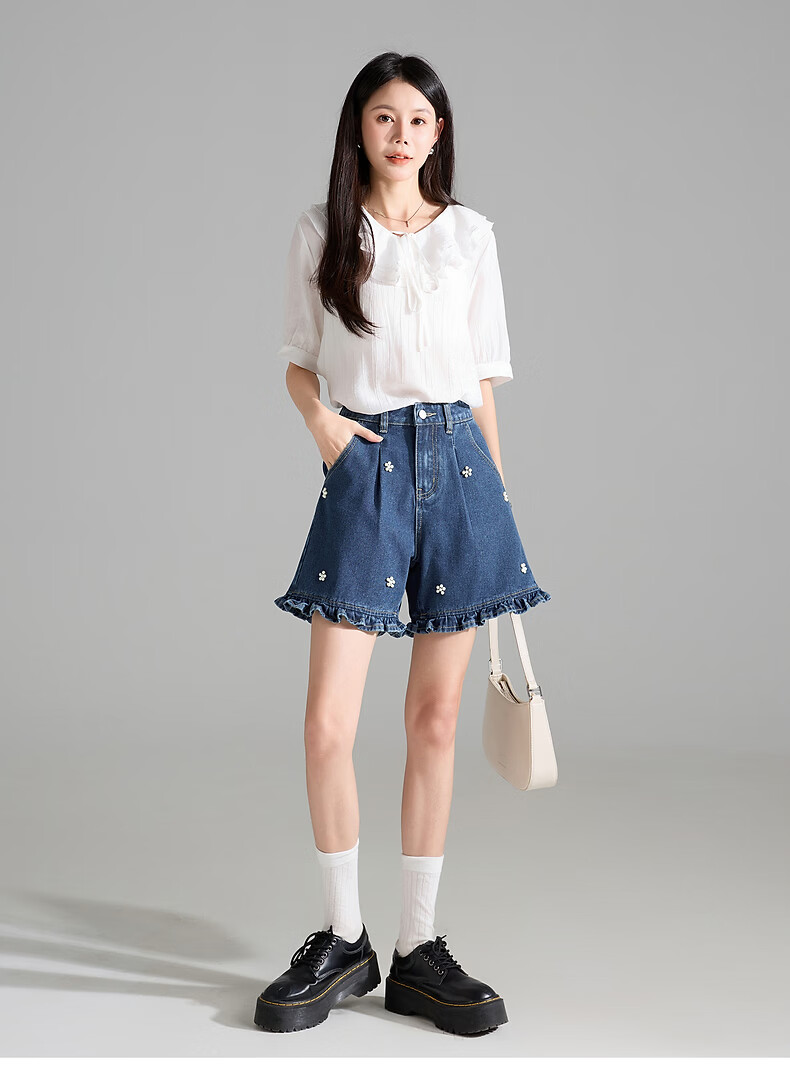 TonLion 2026 Summer Women's Ruffle Denim Mid-Shorts Deep Indigo Blue Size 27 9