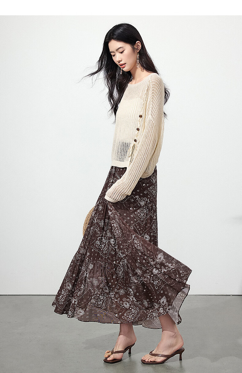 Yixiang Liying Coffee Color Floral Print Women's Skirt 2026 Summer Vacation Style Mesh A-line Skirt Vintage Coffee 155/58A/S 34