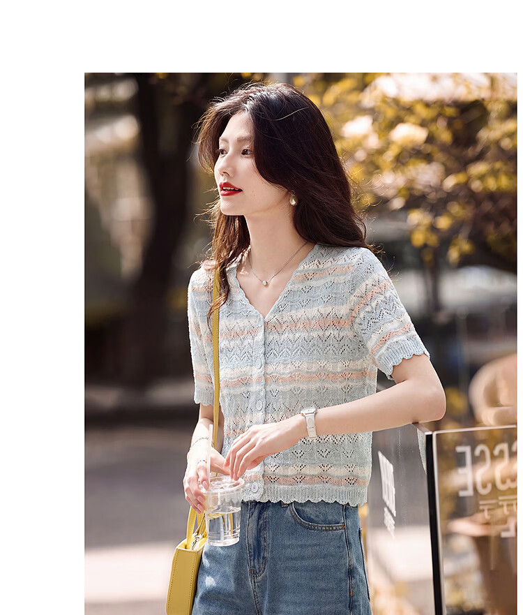 Awakening Paradise 26 Spring Summer Colorblock Versatile Petite Top Elegant Striped Short Sleeve Knit Cardigan Blue One Size 14