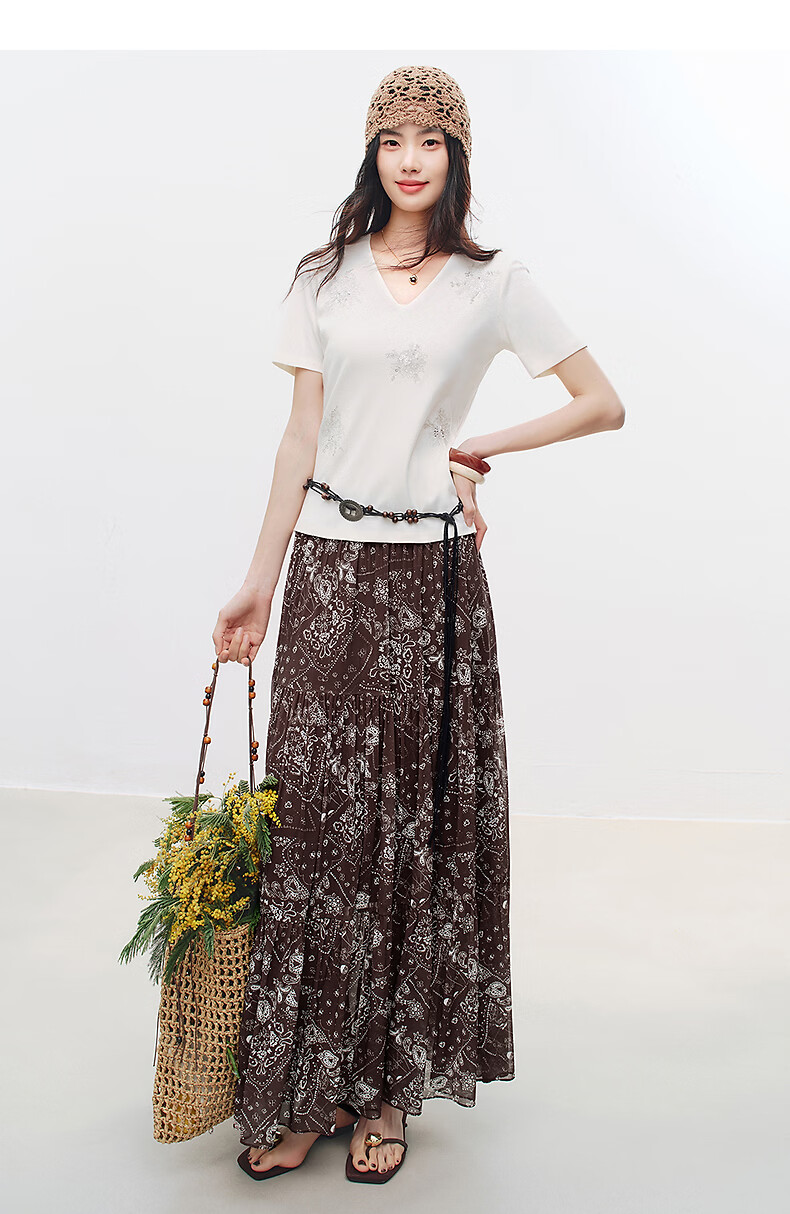Yixiang Liying Coffee Color Floral Print Women's Skirt 2026 Summer Vacation Style Mesh A-line Skirt Vintage Coffee 155/58A/S 24
