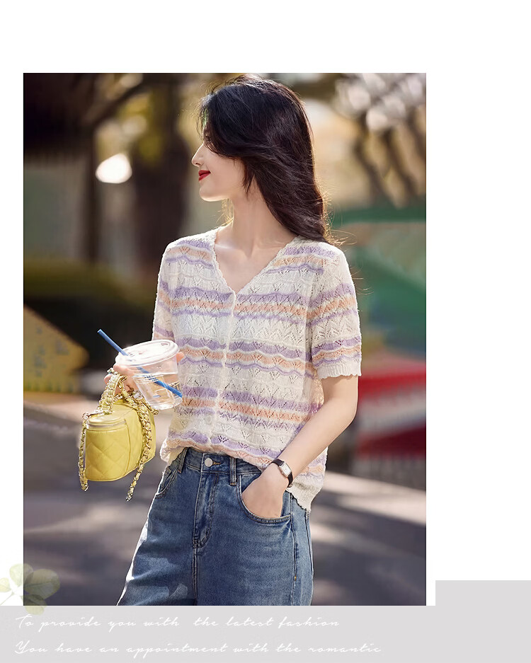 Awakening Paradise 26 Spring Summer Colorblock Versatile Petite Top Elegant Striped Short Sleeve Knit Cardigan Blue One Size 10