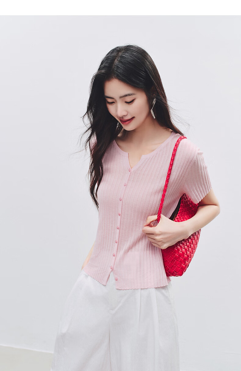 Yixiang Liying Solid Color Short Sleeve Linen Knitwear Women's New Soft Skin-Friendly Shoulder Fitting Top Milk Almond Beige L 35