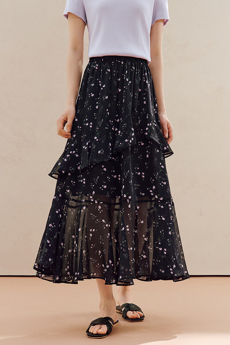 INMAN Ruffled Patchwork Floral Midi Skirt 26 Summer Women's New Elastic Waist Irregular Long Skirt Black M 2