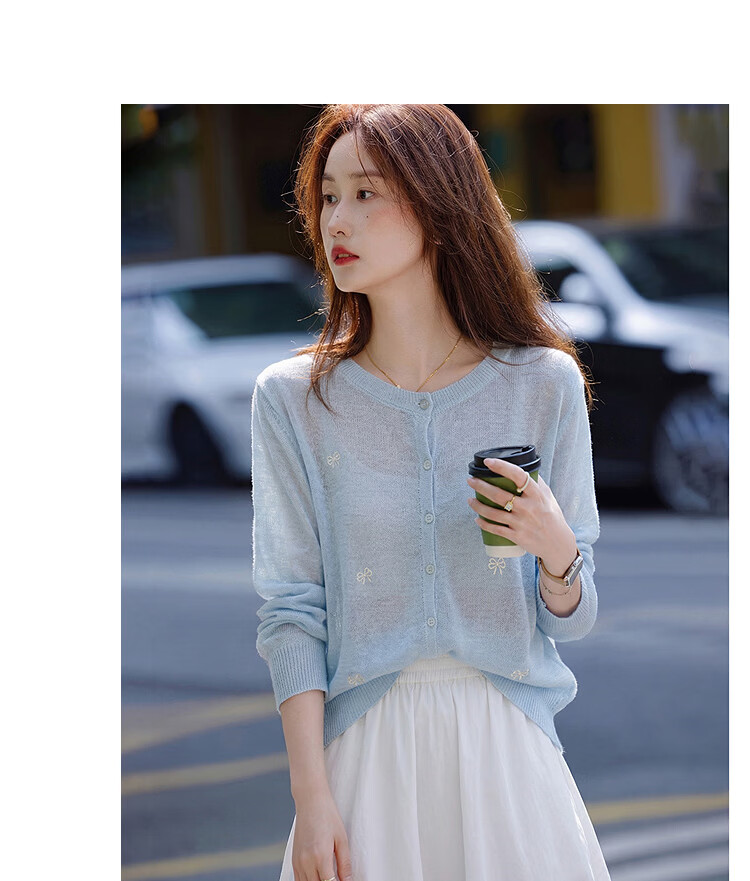 Awakening Paradise 26 Summer Fashion Elegant Sweet Bowknot Versatile Top Round Neck Long Sleeve Knit Cardigan Blue One Size 8