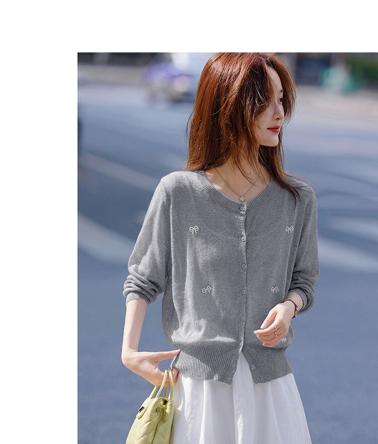 Awakening Paradise 26 Summer Fashion Elegant Sweet Bowknot Versatile Top Round Neck Long Sleeve Knit Cardigan Blue One Size 12