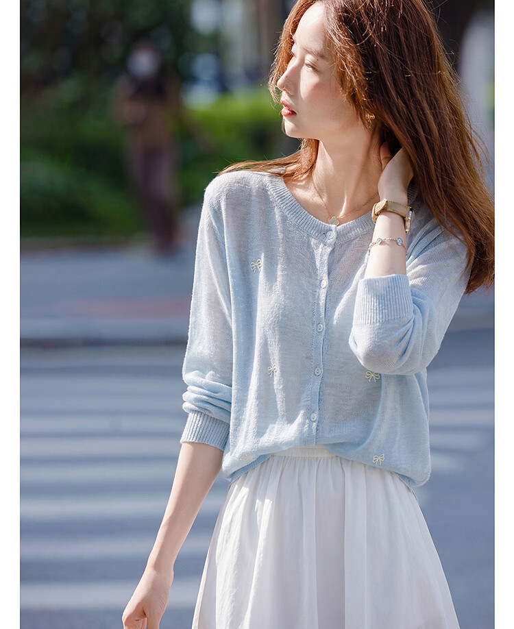 Awakening Paradise 26 Summer Fashion Elegant Sweet Bowknot Versatile Top Round Neck Long Sleeve Knit Cardigan Blue One Size 1