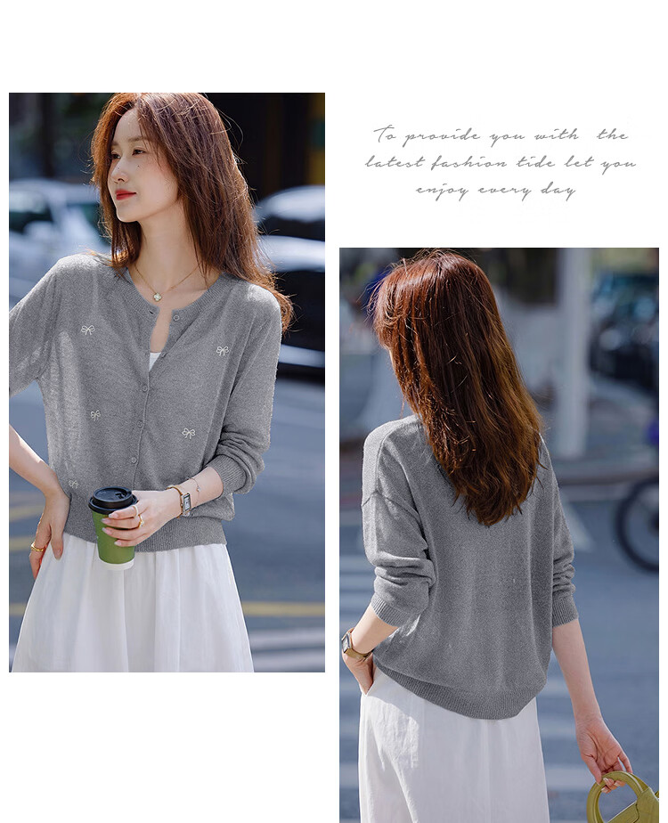Awakening Paradise 26 Summer Fashion Elegant Sweet Bowknot Versatile Top Round Neck Long Sleeve Knit Cardigan Blue One Size 11
