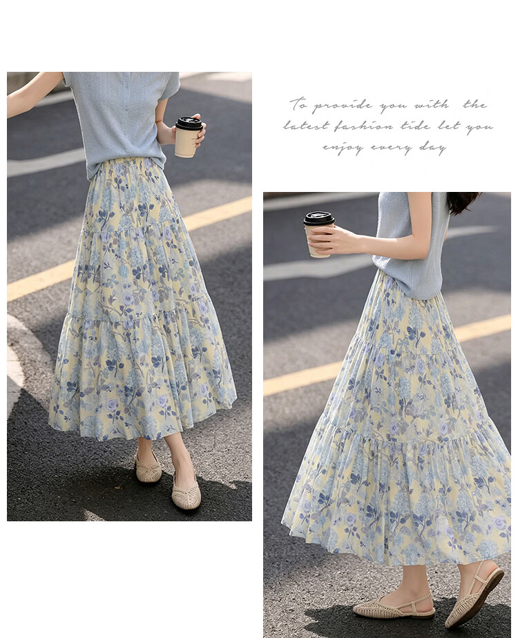 Awakening Paradise 26 Summer Fashion Retro High-Waist Floral Midi Skirt Vacation Style Elegant Long Skirt Blue One Size 8