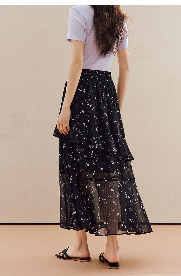 INMAN Ruffled Patchwork Floral Midi Skirt 26 Summer Women's New Elastic Waist Irregular Long Skirt Black M 18