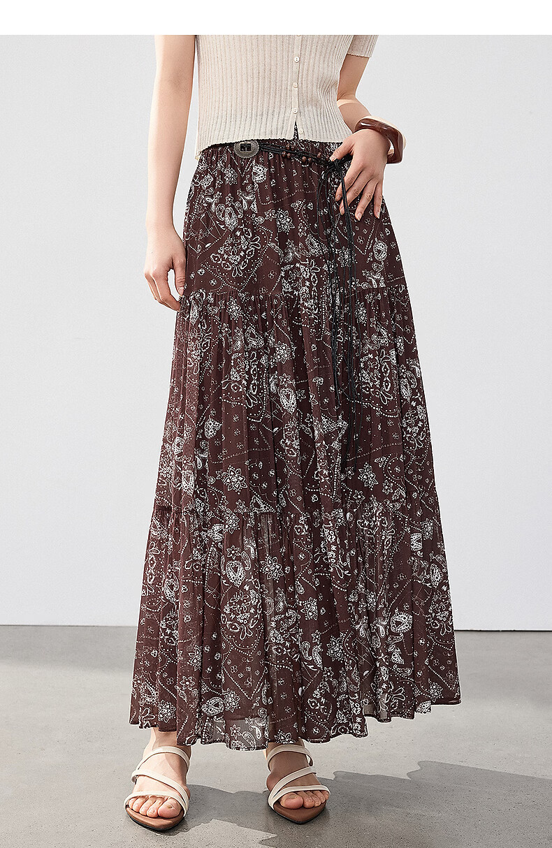 Yixiang Liying Coffee Color Floral Print Women's Skirt 2026 Summer Vacation Style Mesh A-line Skirt Vintage Coffee 155/58A/S 28