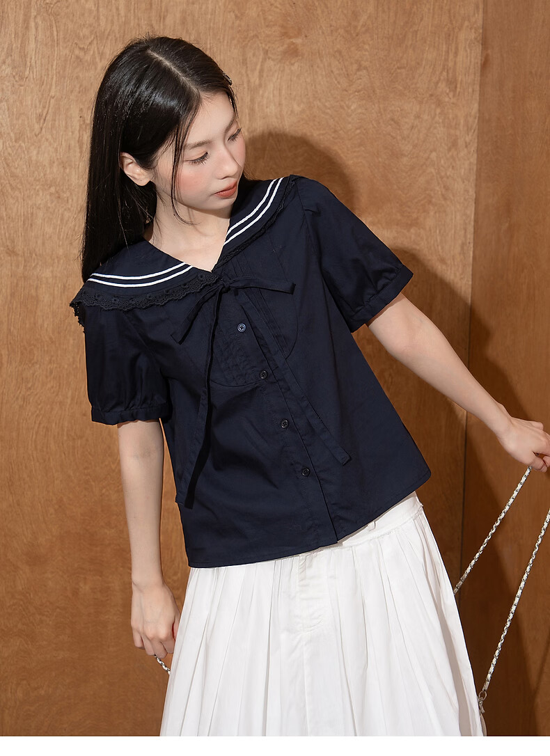 TonLion 2026 Summer Women's Short Sleeve Shirt College Style Youthful Simple Design Navy Collar Short Sleeve Shirt 14