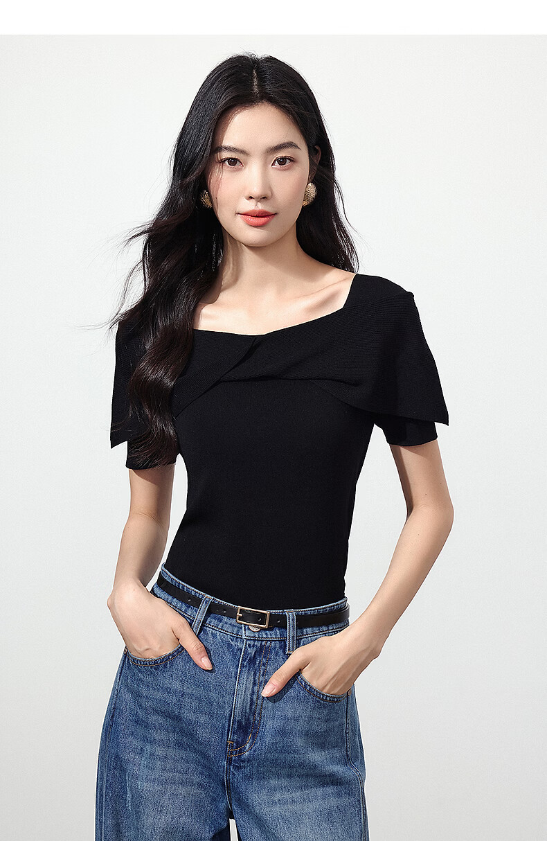 Yixiang Liying Black Off-Shoulder Knit Top Women New Short Sleeve Square Neck Blouse Lanye Black 160/84A/M 22