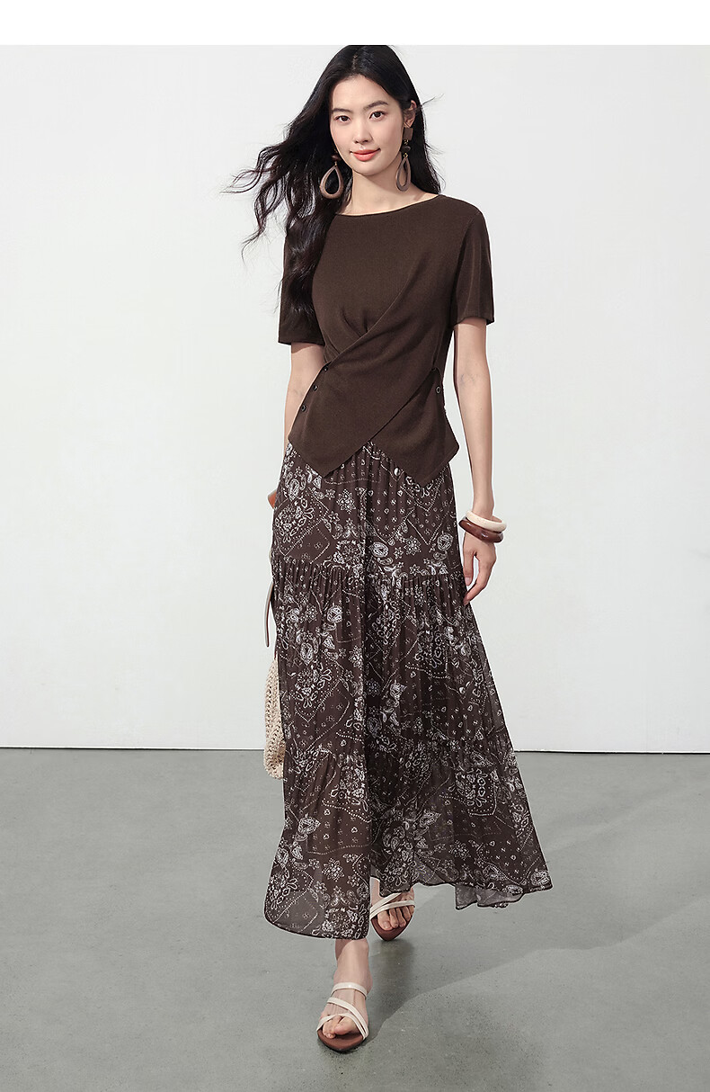 Yixiang Liying Coffee Color Floral Print Women's Skirt 2026 Summer Vacation Style Mesh A-line Skirt Vintage Coffee 155/58A/S 27
