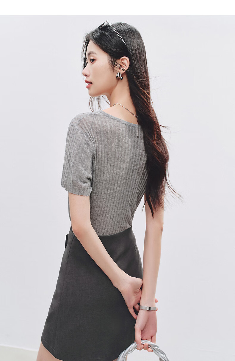 Yixiang Liying Solid Color Short Sleeve Linen Knitwear Women's New Soft Skin-Friendly Shoulder Fitting Top Milk Almond Beige L 29