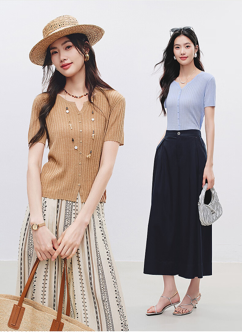 Yixiang Liying Solid Color Short Sleeve Linen Knitwear Women's New Soft Skin-Friendly Shoulder Fitting Top Milk Almond Beige L 7