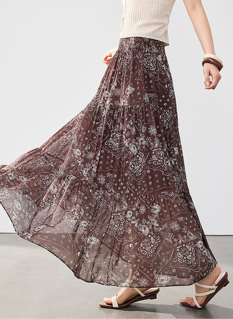 Yixiang Liying Coffee Color Floral Print Women's Skirt 2026 Summer Vacation Style Mesh A-line Skirt Vintage Coffee 155/58A/S 2