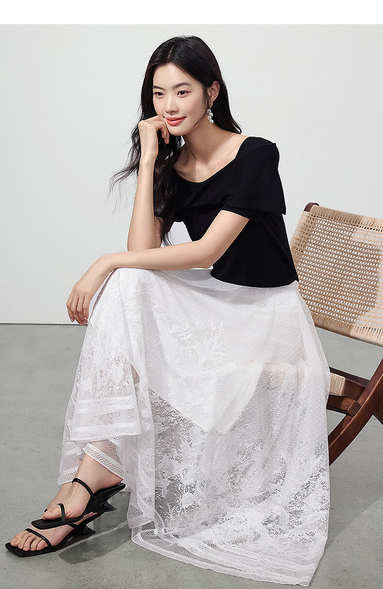 Yixiang Liying Black Off-Shoulder Knit Top Women New Short Sleeve Square Neck Blouse Lanye Black 160/84A/M 28