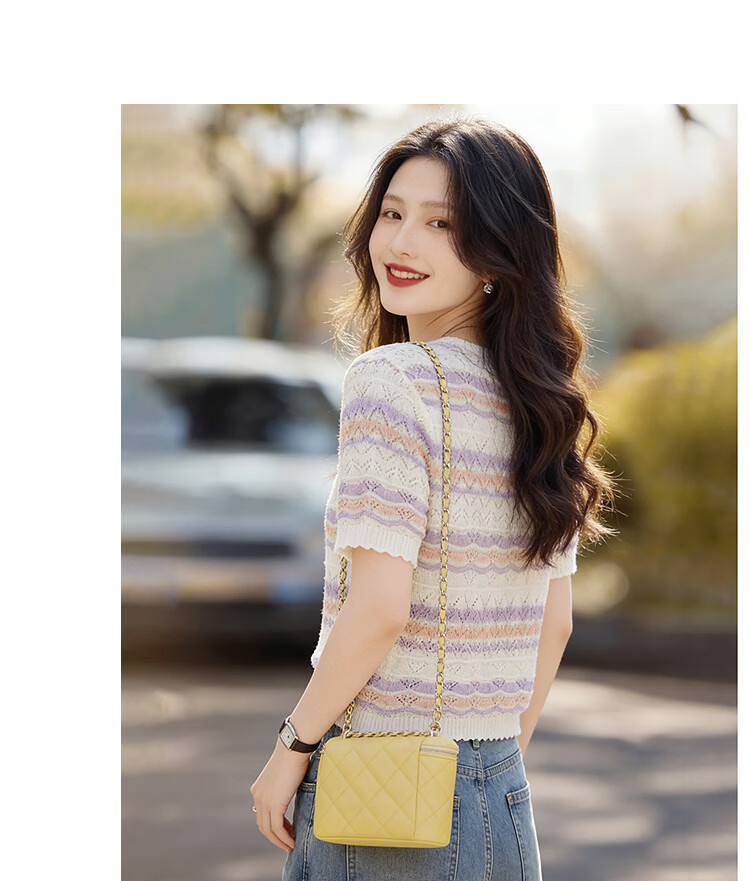 Awakening Paradise 26 Spring Summer Colorblock Versatile Petite Top Elegant Striped Short Sleeve Knit Cardigan Blue One Size 9