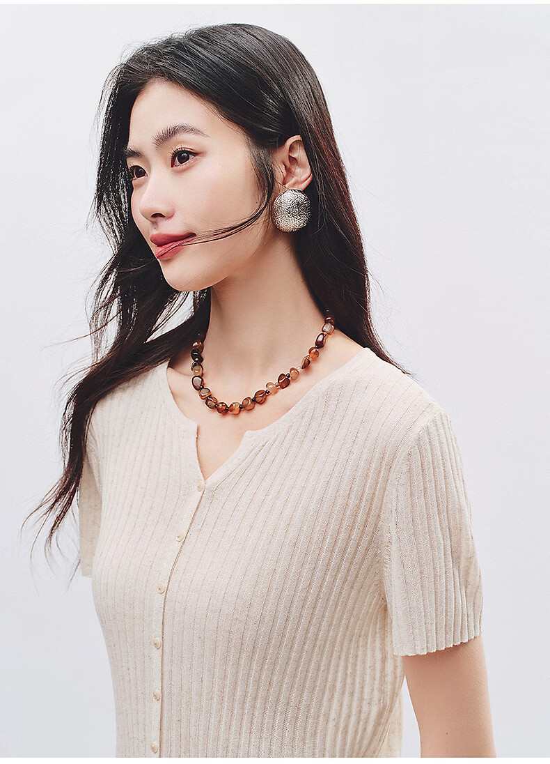 Yixiang Liying Solid Color Short Sleeve Linen Knitwear Women's New Soft Skin-Friendly Shoulder Fitting Top Milk Almond Beige L 9