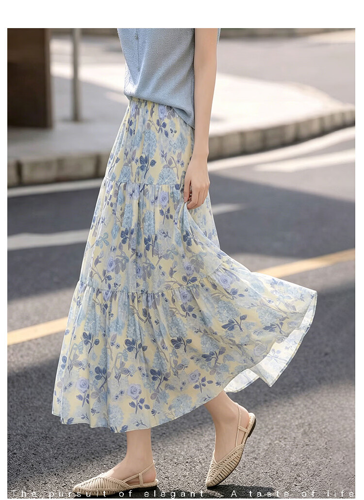 Awakening Paradise 26 Summer Fashion Retro High-Waist Floral Midi Skirt Vacation Style Elegant Long Skirt Blue One Size 7