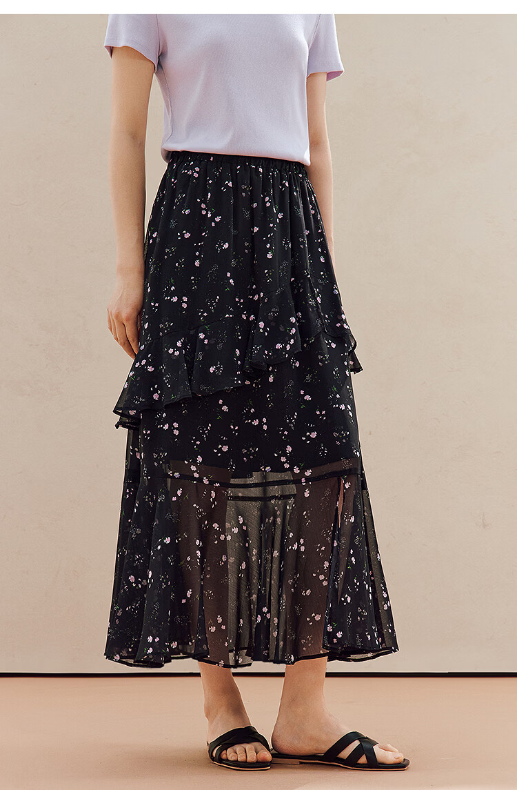 INMAN Ruffled Patchwork Floral Midi Skirt 26 Summer Women's New Elastic Waist Irregular Long Skirt Black M 17