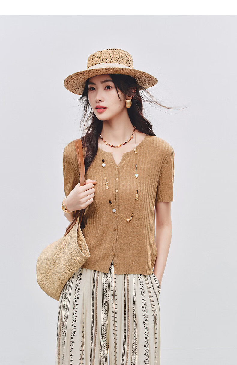 Yixiang Liying Solid Color Short Sleeve Linen Knitwear Women's New Soft Skin-Friendly Shoulder Fitting Top Milk Almond Beige L 25