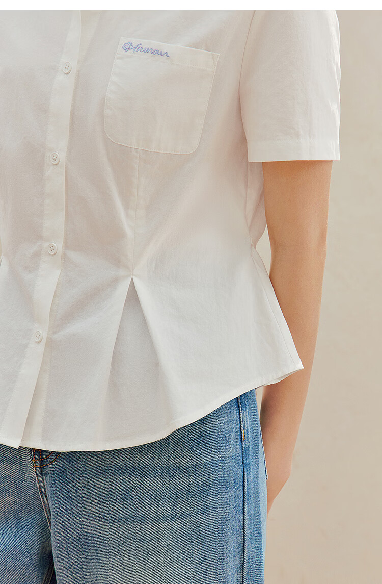 INMAN 100% Xinjiang Cotton Simple Tie-Waist Short Sleeve Shirt 2026 Summer New Embroidered Top White S 19