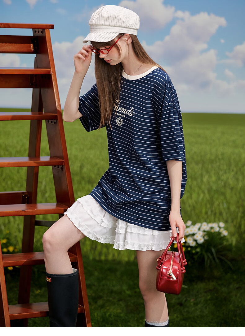 TonLion 2026 Summer New Women's Short Sleeve T-Shirt Loose Casual Striped Top Navy Blue Stylish Premium Feel 11