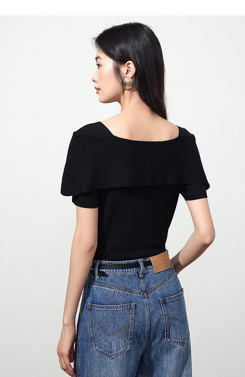 Yixiang Liying Black Off-Shoulder Knit Top Women New Short Sleeve Square Neck Blouse Lanye Black 160/84A/M 25