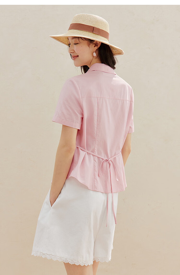 INMAN 100% Xinjiang Cotton Simple Tie-Waist Short Sleeve Shirt 2026 Summer New Embroidered Top White S 17
