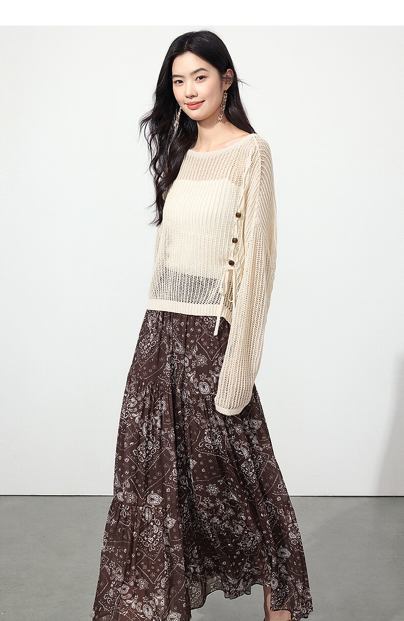 Yixiang Liying Coffee Color Floral Print Women's Skirt 2026 Summer Vacation Style Mesh A-line Skirt Vintage Coffee 155/58A/S 32