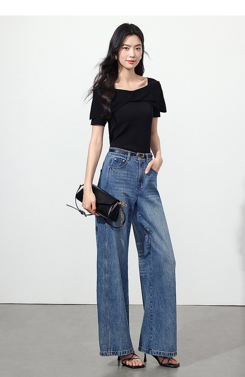 Yixiang Liying Black Off-Shoulder Knit Top Women New Short Sleeve Square Neck Blouse Lanye Black 160/84A/M 24