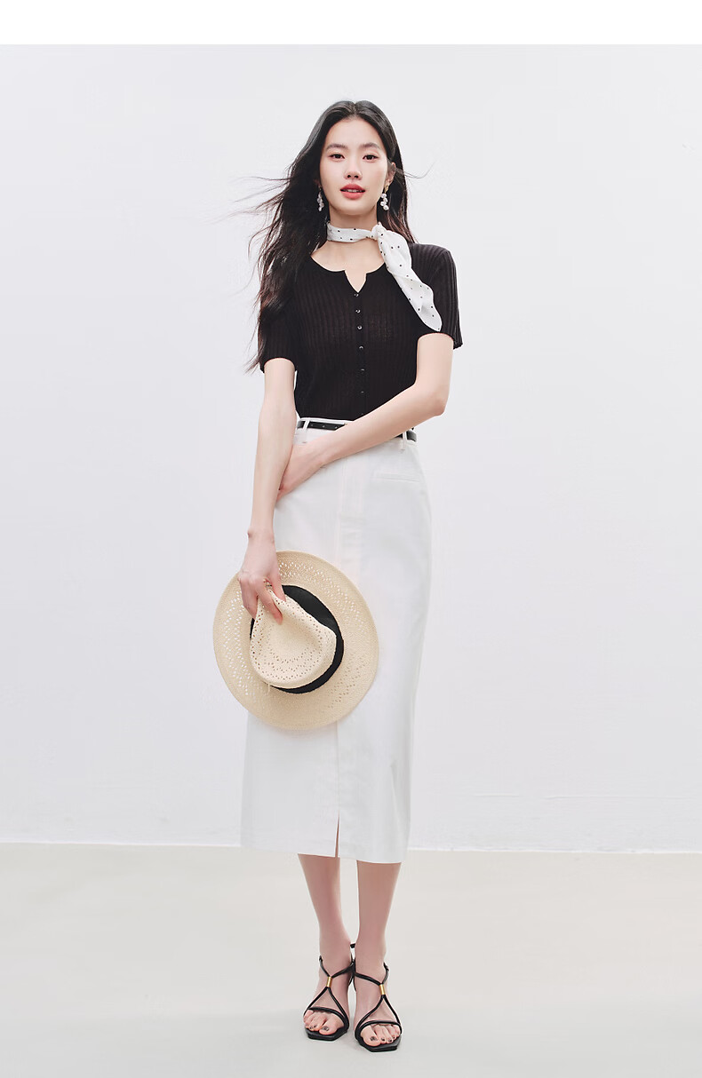 Yixiang Liying Solid Color Short Sleeve Linen Knitwear Women's New Soft Skin-Friendly Shoulder Fitting Top Milk Almond Beige L 45
