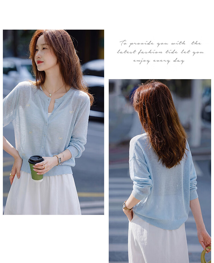 Awakening Paradise 26 Summer Fashion Elegant Sweet Bowknot Versatile Top Round Neck Long Sleeve Knit Cardigan Blue One Size 7