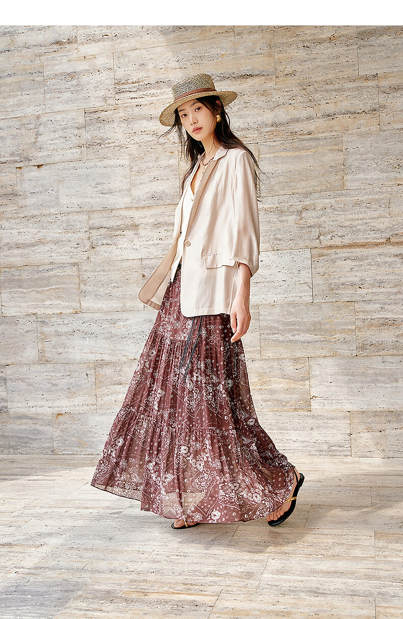 Yixiang Liying Coffee Color Floral Print Women's Skirt 2026 Summer Vacation Style Mesh A-line Skirt Vintage Coffee 155/58A/S 19
