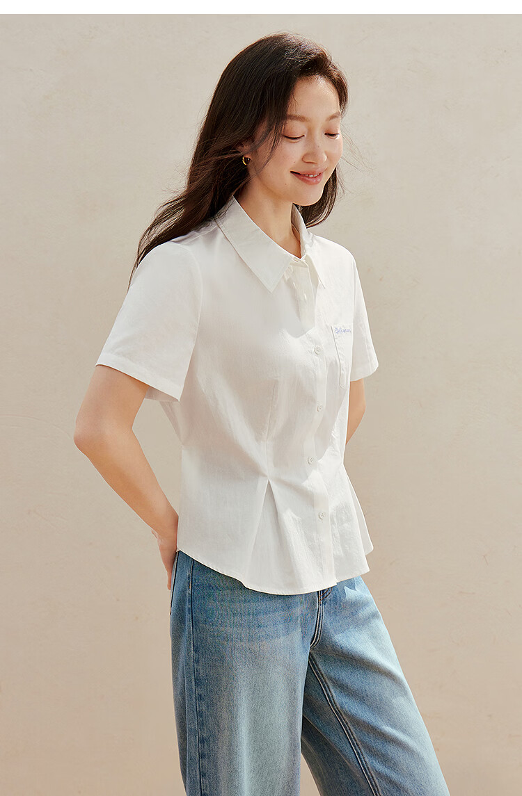 INMAN 100% Xinjiang Cotton Simple Tie-Waist Short Sleeve Shirt 2026 Summer New Embroidered Top White S 21