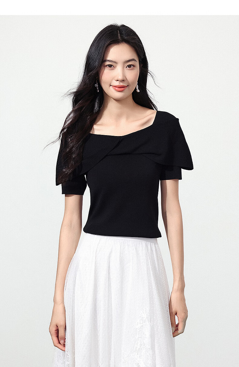 Yixiang Liying Black Off-Shoulder Knit Top Women New Short Sleeve Square Neck Blouse Lanye Black 160/84A/M 26