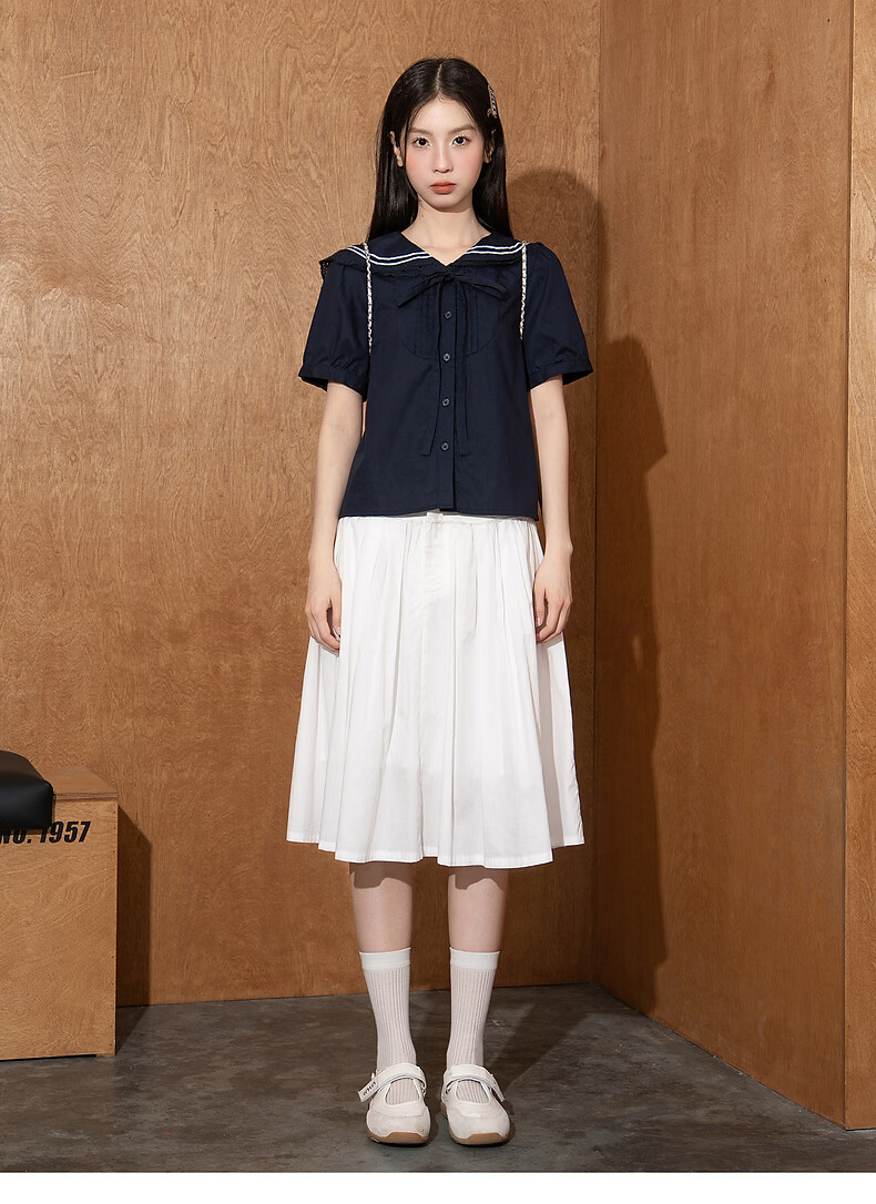 TonLion 2026 Summer Women's Short Sleeve Shirt College Style Youthful Simple Design Navy Collar Short Sleeve Shirt 15