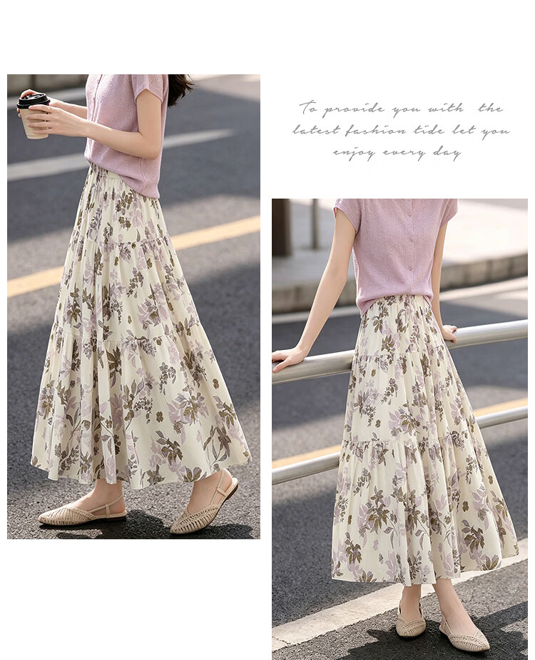 Awakening Paradise 26 Summer Fashion Retro High-Waist Floral Midi Skirt Vacation Style Elegant Long Skirt Blue One Size 11