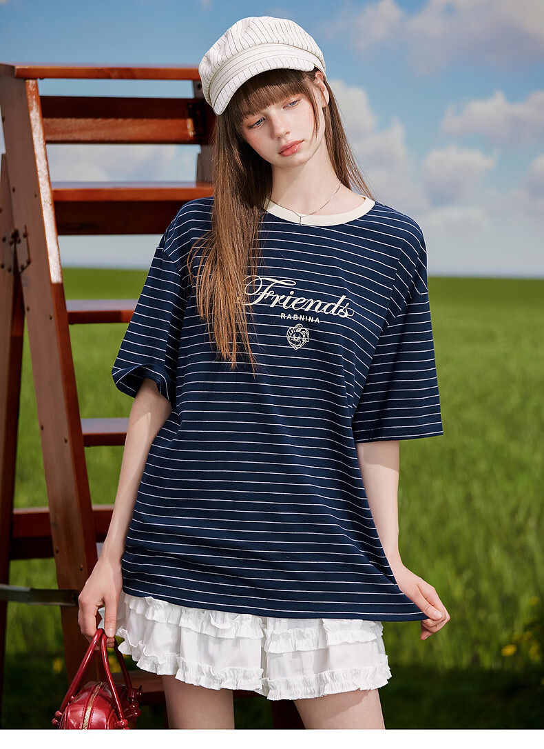 TonLion 2026 Summer New Women's Short Sleeve T-Shirt Loose Casual Striped Top Navy Blue Stylish Premium Feel 8