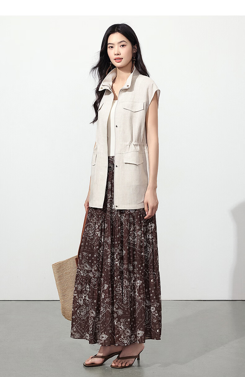 Yixiang Liying Coffee Color Floral Print Women's Skirt 2026 Summer Vacation Style Mesh A-line Skirt Vintage Coffee 155/58A/S 37